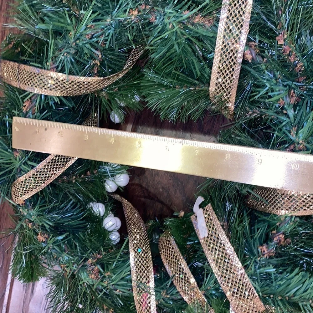 Green Holiday Wreath 15” across 10” wreath base includes gold ribbon pearl balls